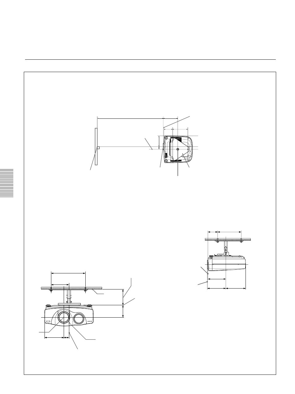 Diagrama de instalación, Vista frontal el objetivo está desplazado 40 mm (1, Vista lateral | Ejemplos de instalación | Sony VPL-VW12HT User Manual | Page 134 / 148