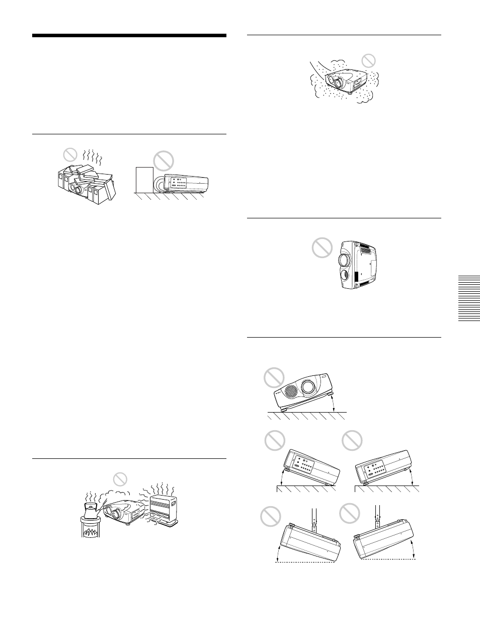 Notas para la instalación, Instalación inadecuada, Condiciones de uso inadecuadas | Sony VPL-VW12HT User Manual | Page 135 / 148