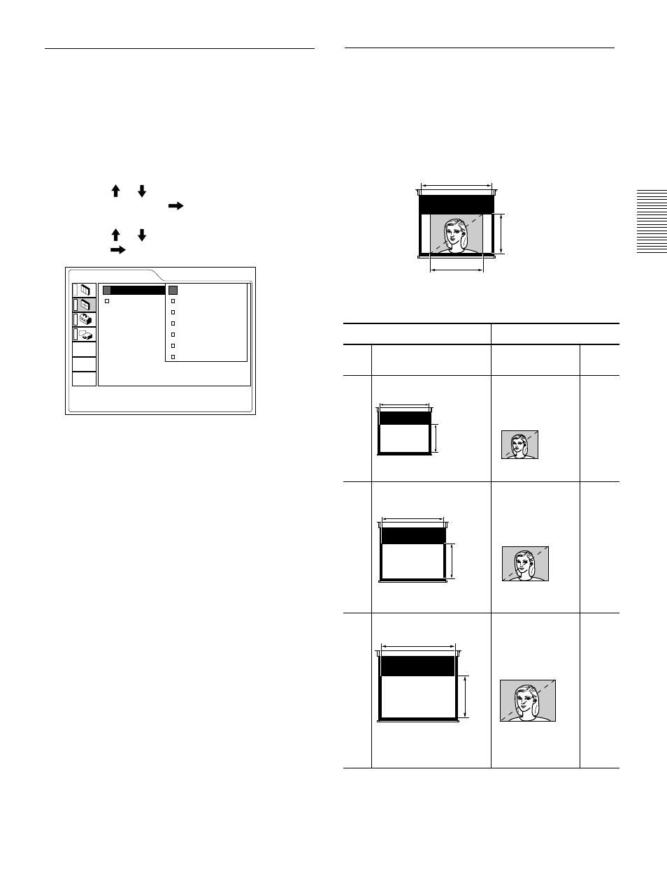 The picture size for the screen size, Changing the aspect | Sony VPL-VW12HT User Manual | Page 21 / 148