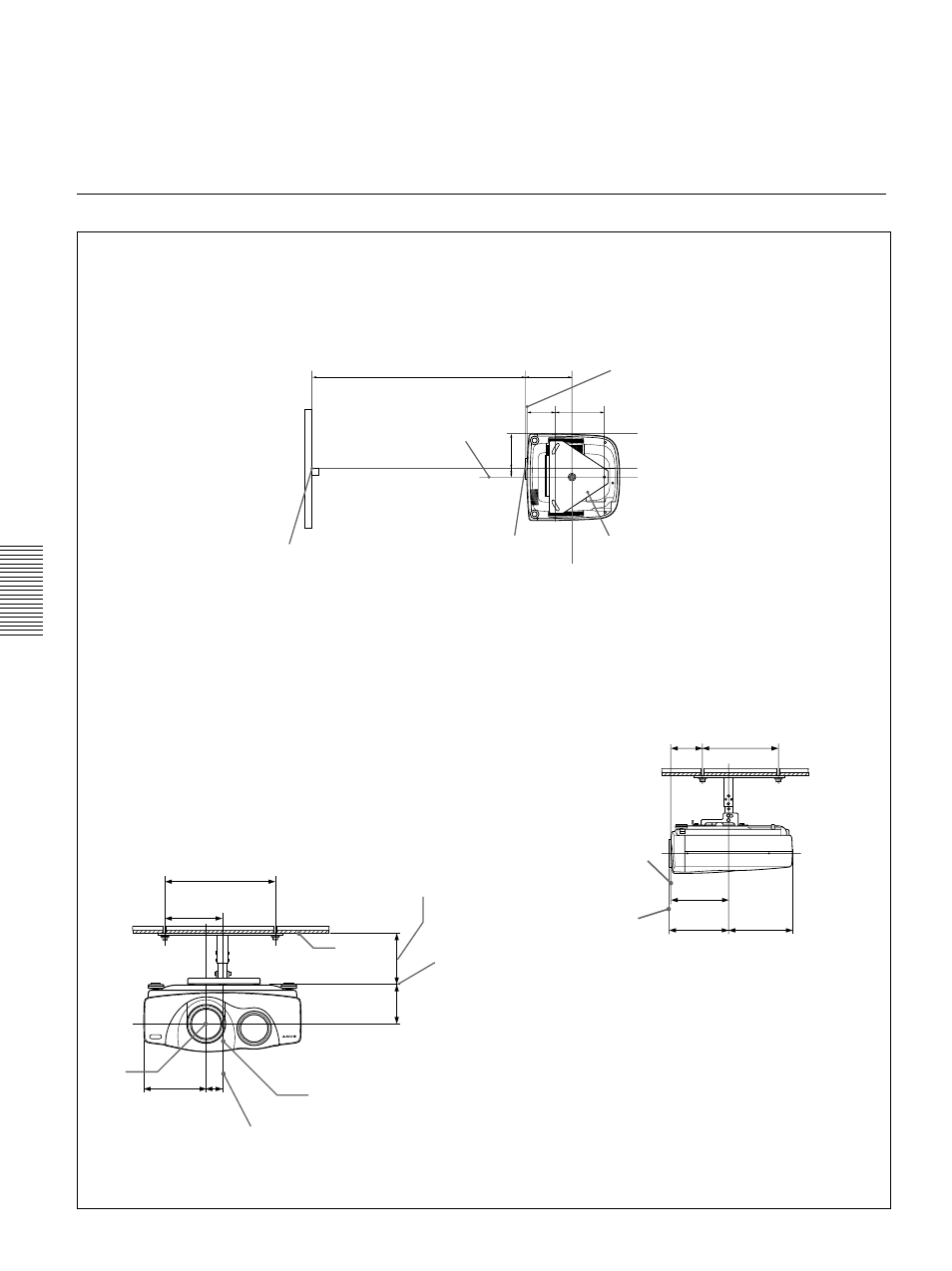 Installation diagram, Front view the lens is offset 40 mm (1, Side view | Installation example | Sony VPL-VW12HT User Manual | Page 38 / 148