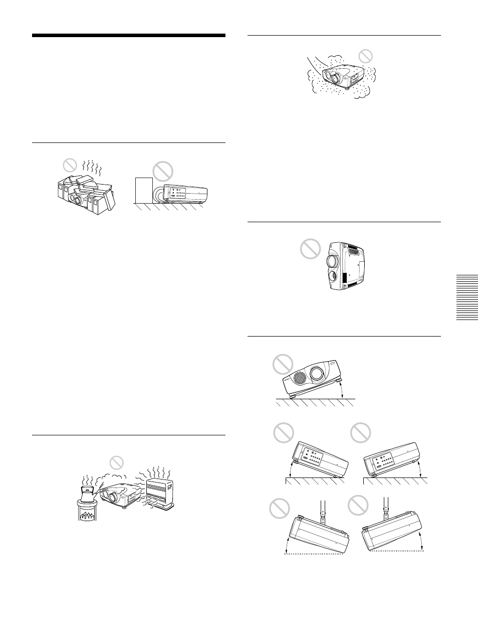 Notes on installation, Unsuitable installation, Unsuitable conditions for use | Sony VPL-VW12HT User Manual | Page 39 / 148