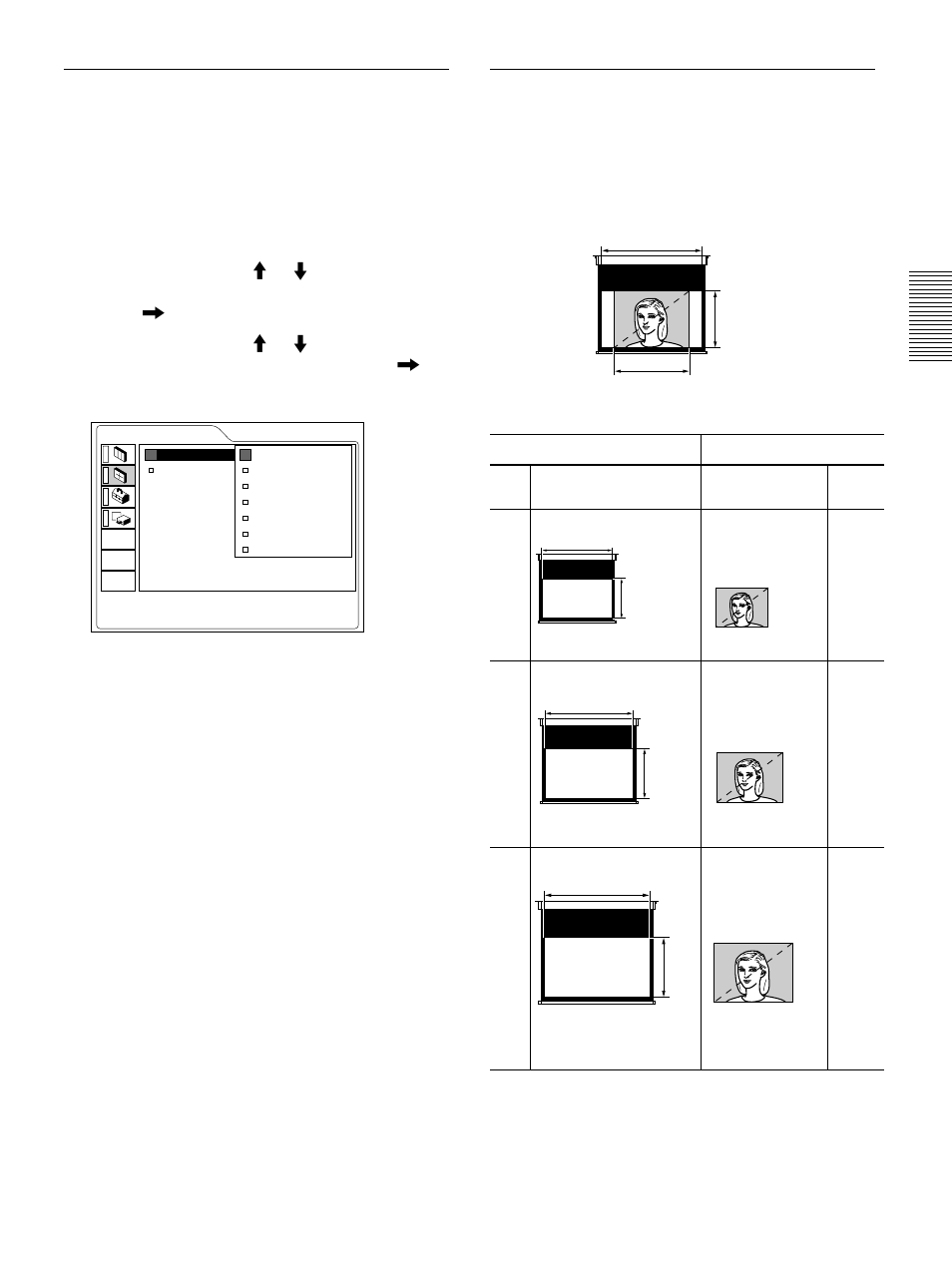 Changement du format, La taille de l’image pour la taille de l’écran | Sony VPL-VW12HT User Manual | Page 69 / 148