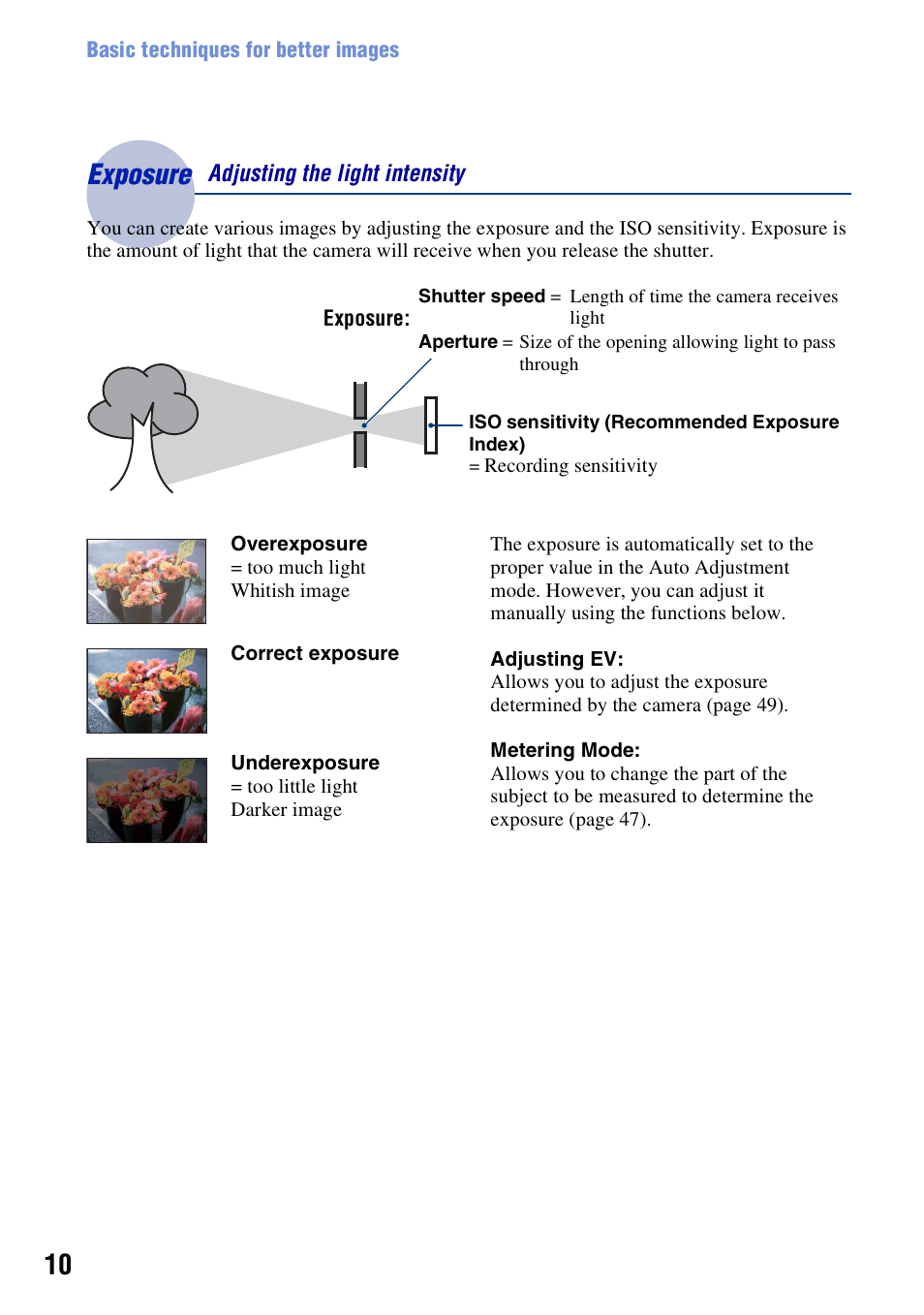 Exposure, Adjusting the light intensity | Sony DSC-T500 User Manual | Page 10 / 135