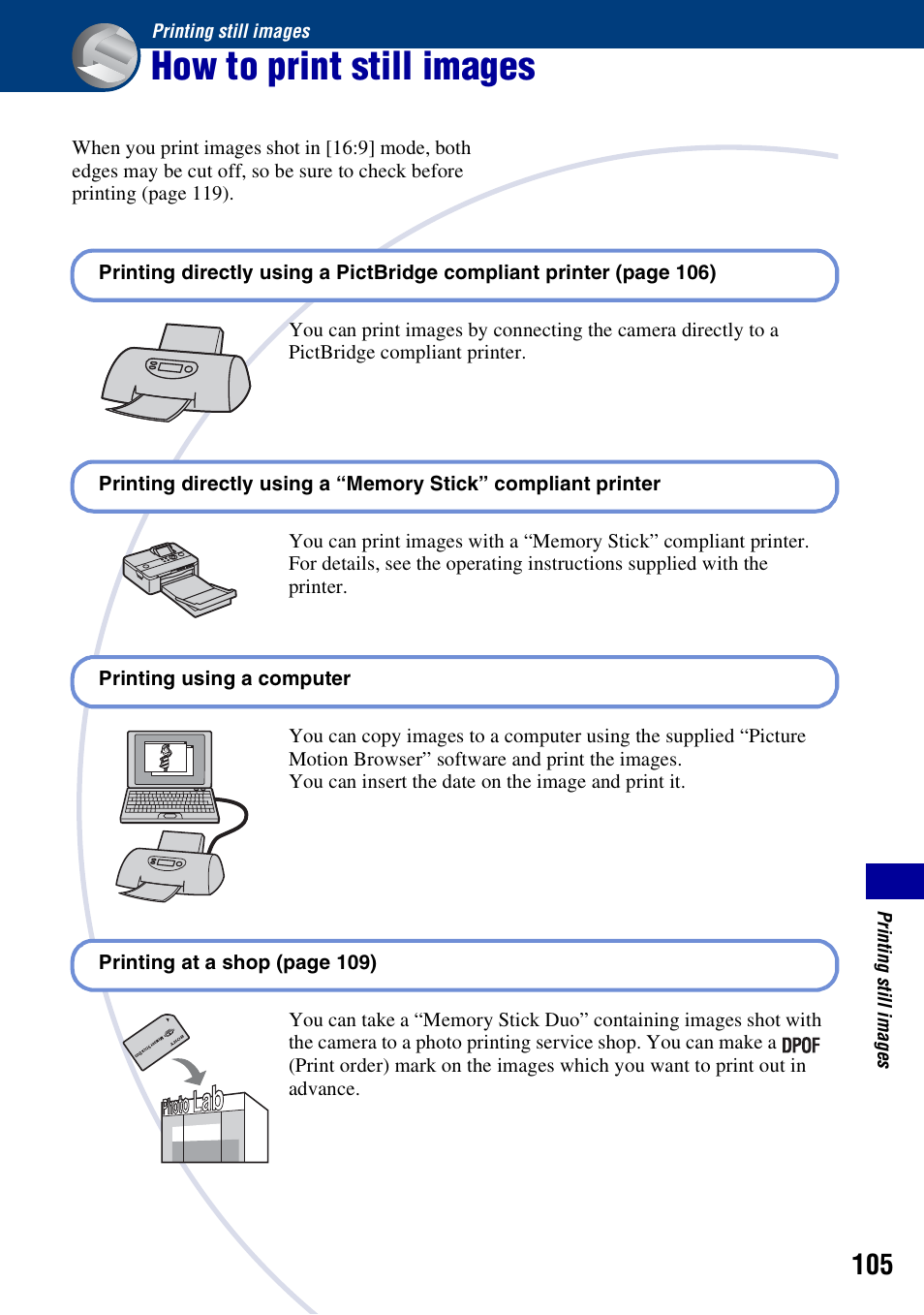 Printing still images, How to print still images | Sony DSC-T500 User Manual | Page 105 / 135