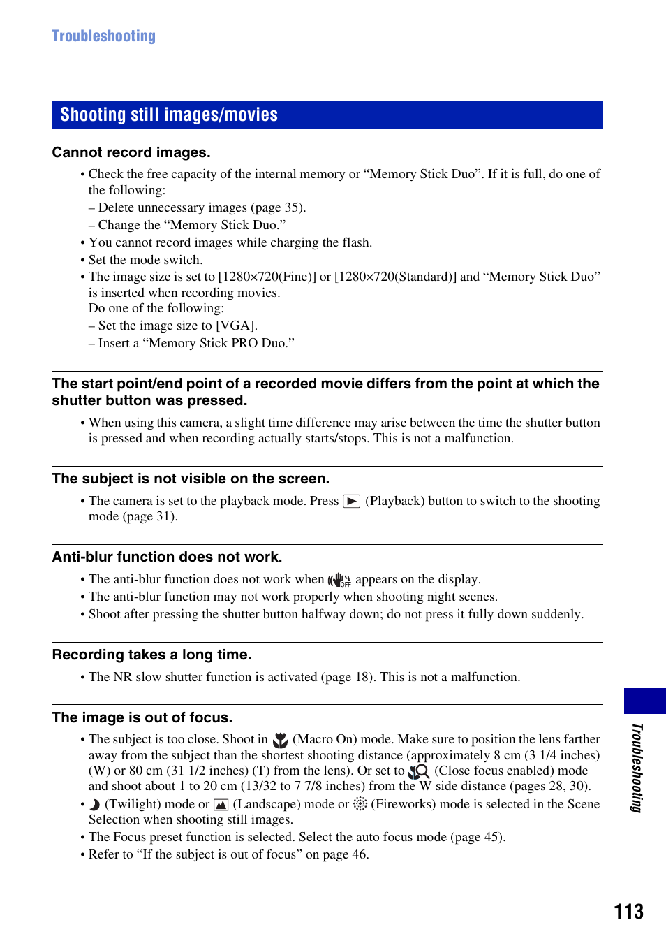 Shooting still images/movies | Sony DSC-T500 User Manual | Page 113 / 135