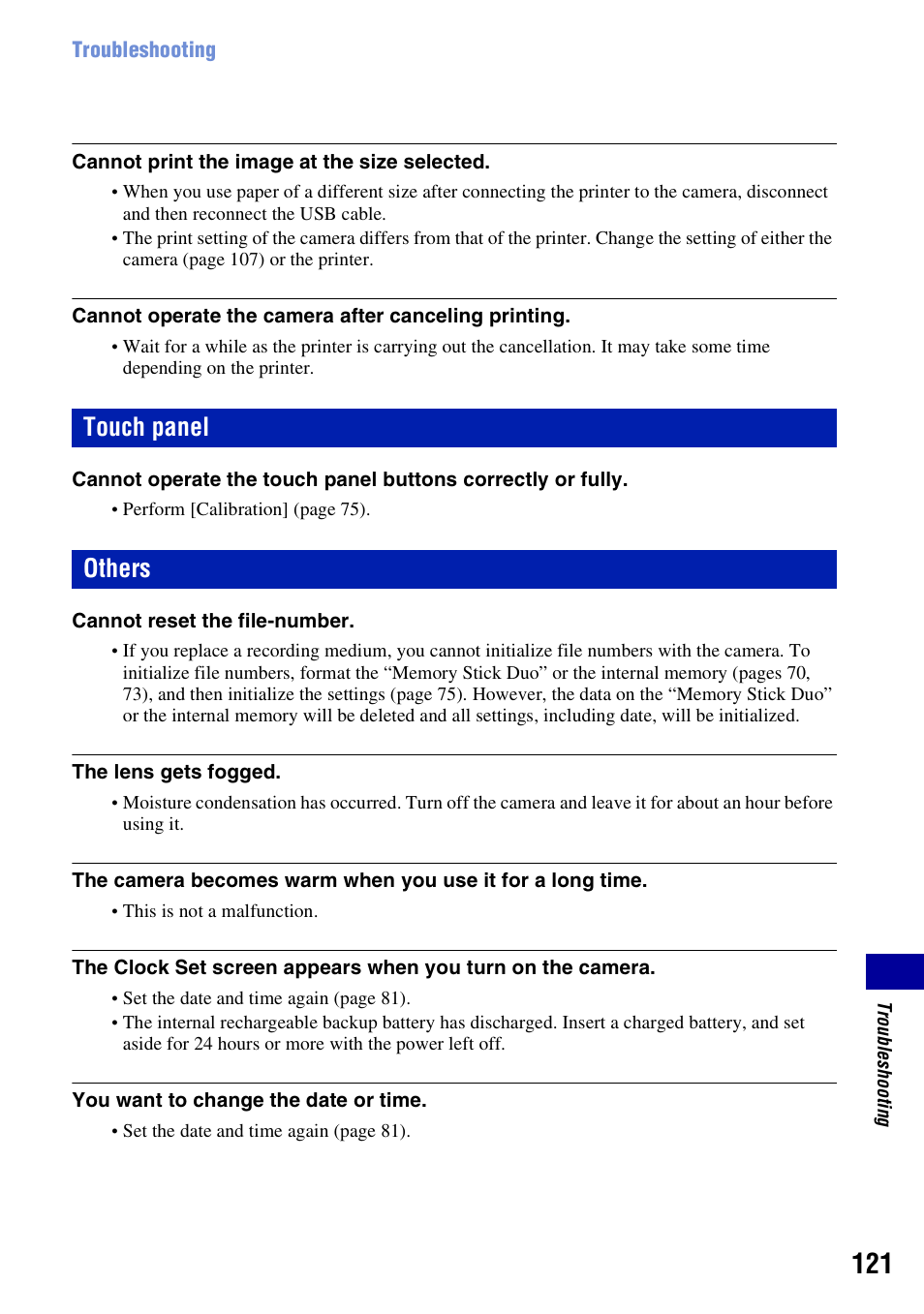 Touch panel, Others, Touch panel others | Sony DSC-T500 User Manual | Page 121 / 135