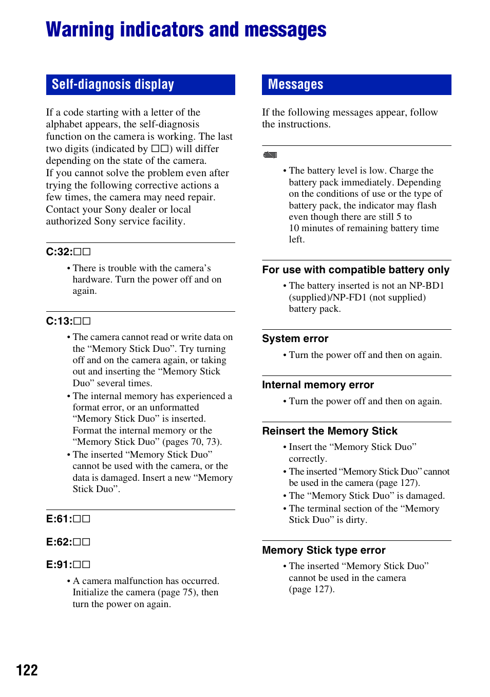 Warning indicators and messages, Ng (122), Y (122) | Self-diagnosis display messages | Sony DSC-T500 User Manual | Page 122 / 135