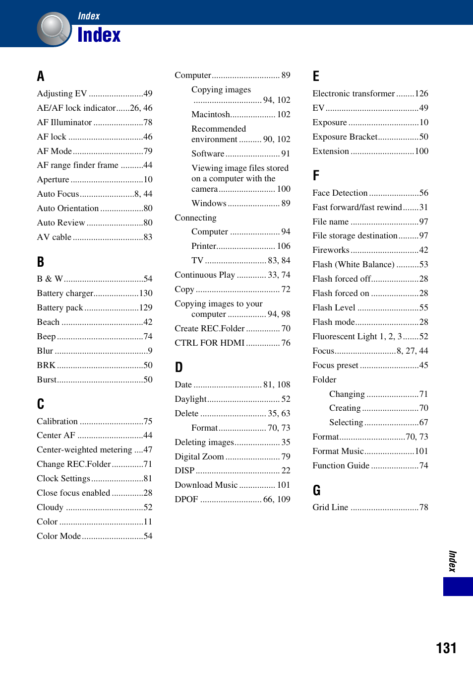 Index | Sony DSC-T500 User Manual | Page 131 / 135