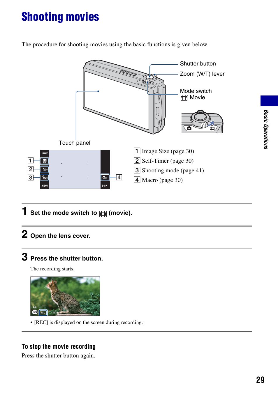 Shooting movies | Sony DSC-T500 User Manual | Page 29 / 135