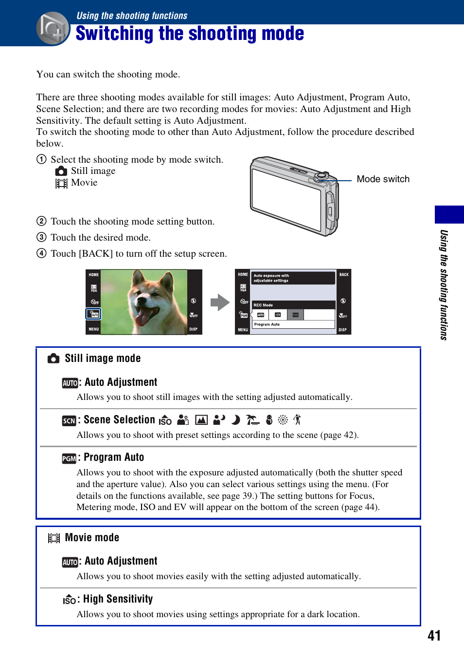 Using the shooting functions, Switching the shooting mode | Sony DSC-T500 User Manual | Page 41 / 135