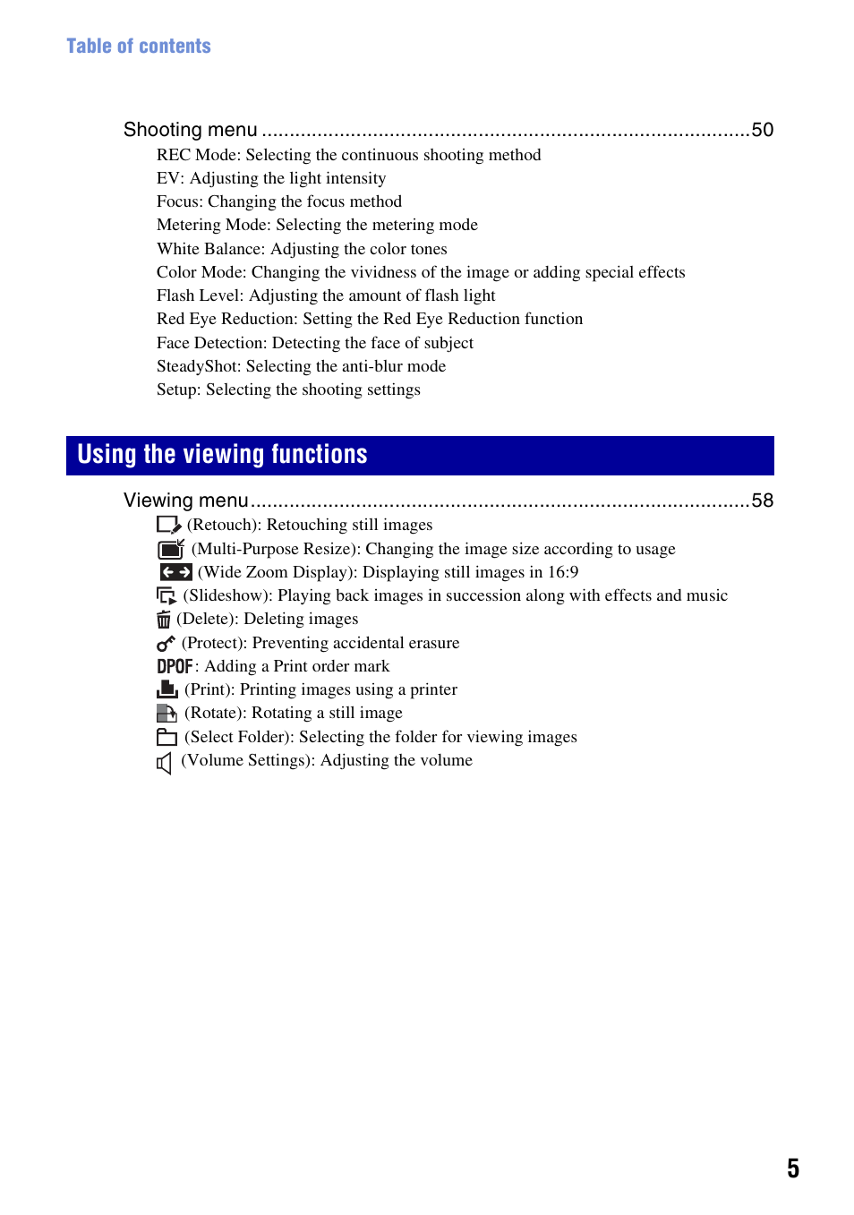 Using the viewing functions | Sony DSC-T500 User Manual | Page 5 / 135