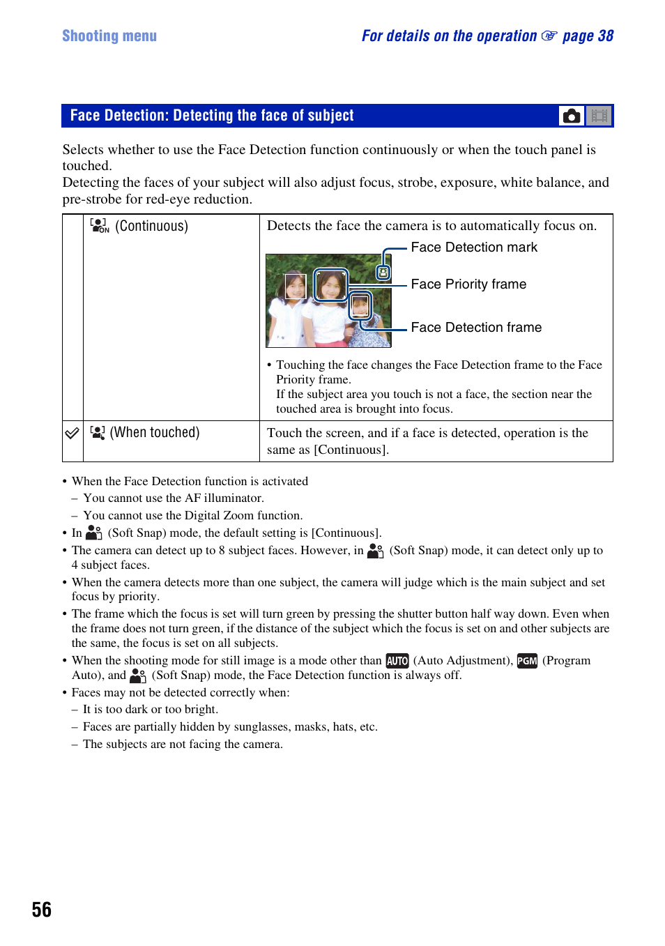 Face detection: detecting the face of subject | Sony DSC-T500 User Manual | Page 56 / 135