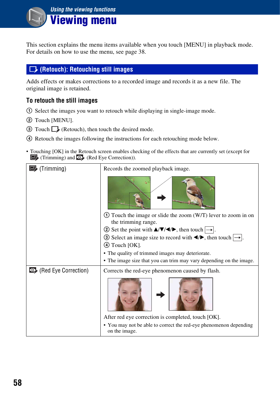 Using the viewing functions, Viewing menu, Retouch): retouching still images | Sony DSC-T500 User Manual | Page 58 / 135