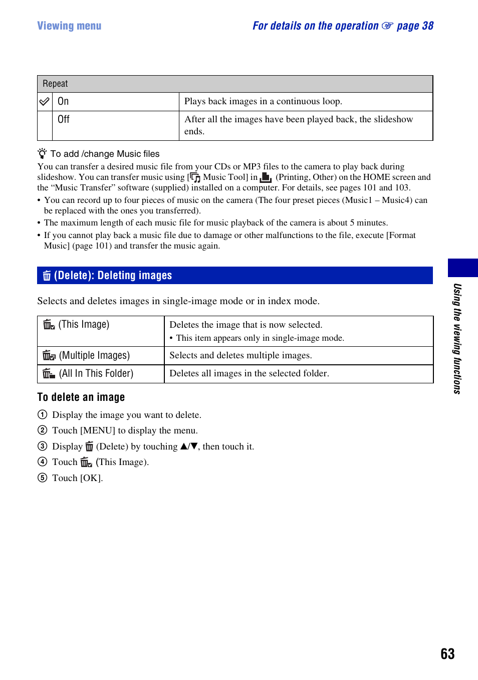 Delete): deleting images | Sony DSC-T500 User Manual | Page 63 / 135