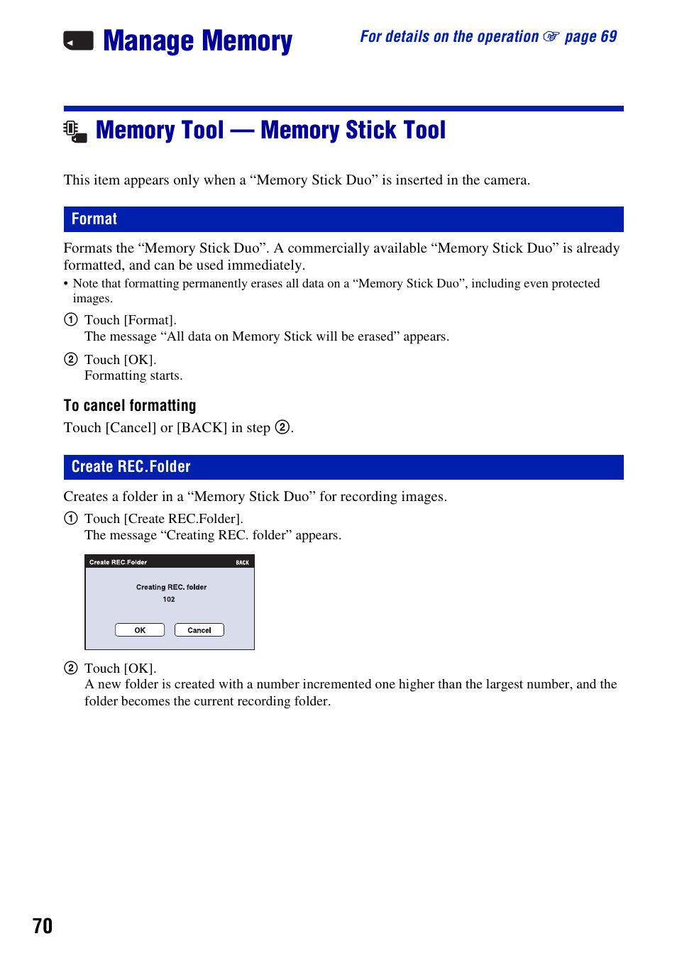 Manage memory, Memory tool - memory stick tool, Format | Create rec.folder, Memory tool — memory stick tool | Sony DSC-T500 User Manual | Page 70 / 135