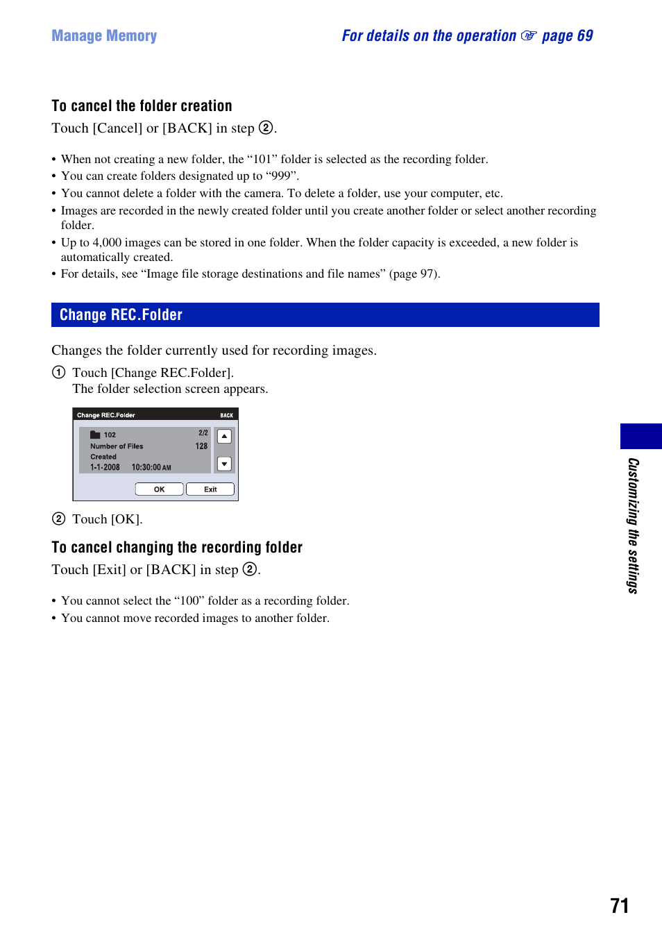 Change rec.folder | Sony DSC-T500 User Manual | Page 71 / 135