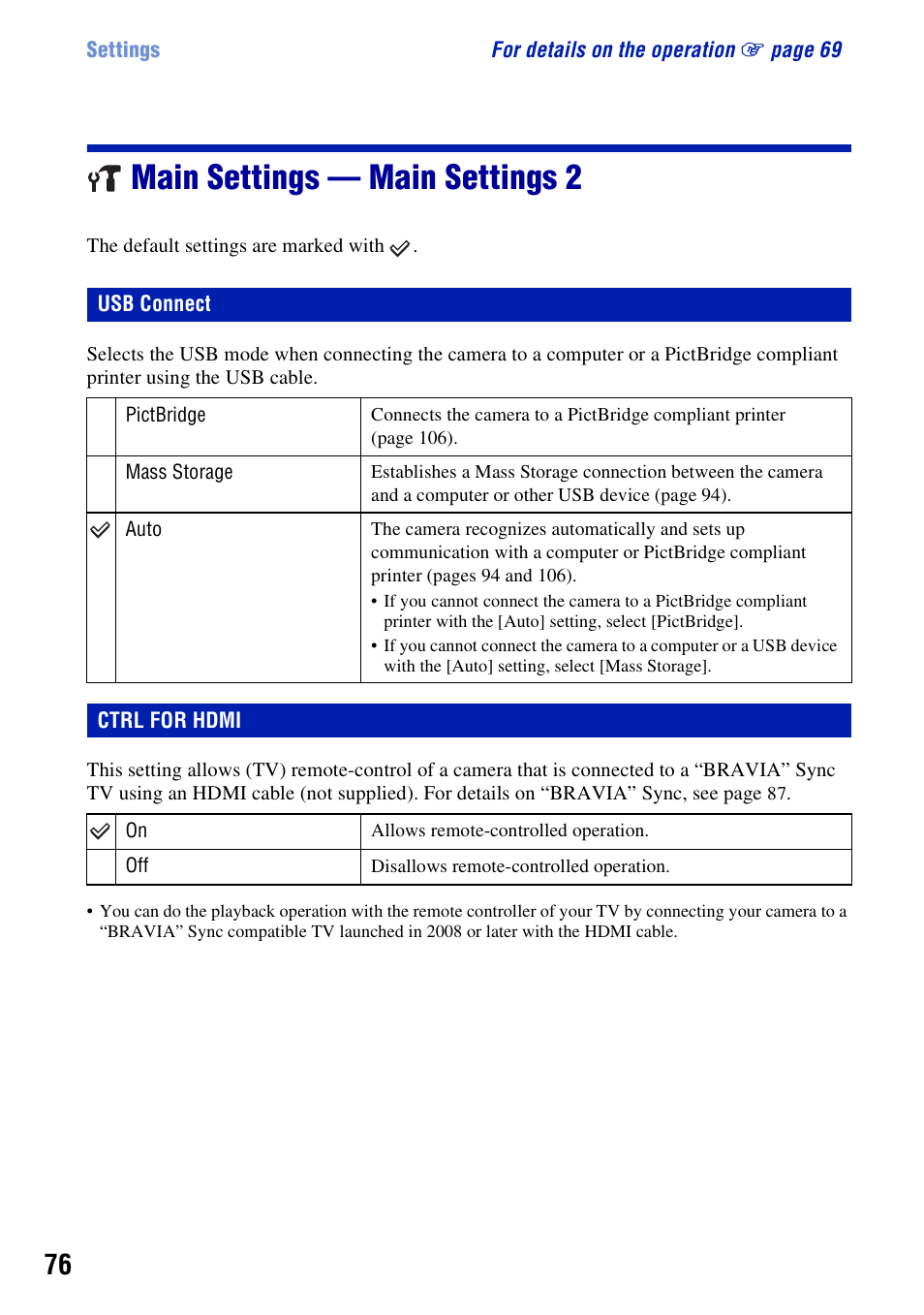 Main settings - main settings 2, Usb connect, Ctrl for hdmi | Main settings — main settings 2 | Sony DSC-T500 User Manual | Page 76 / 135