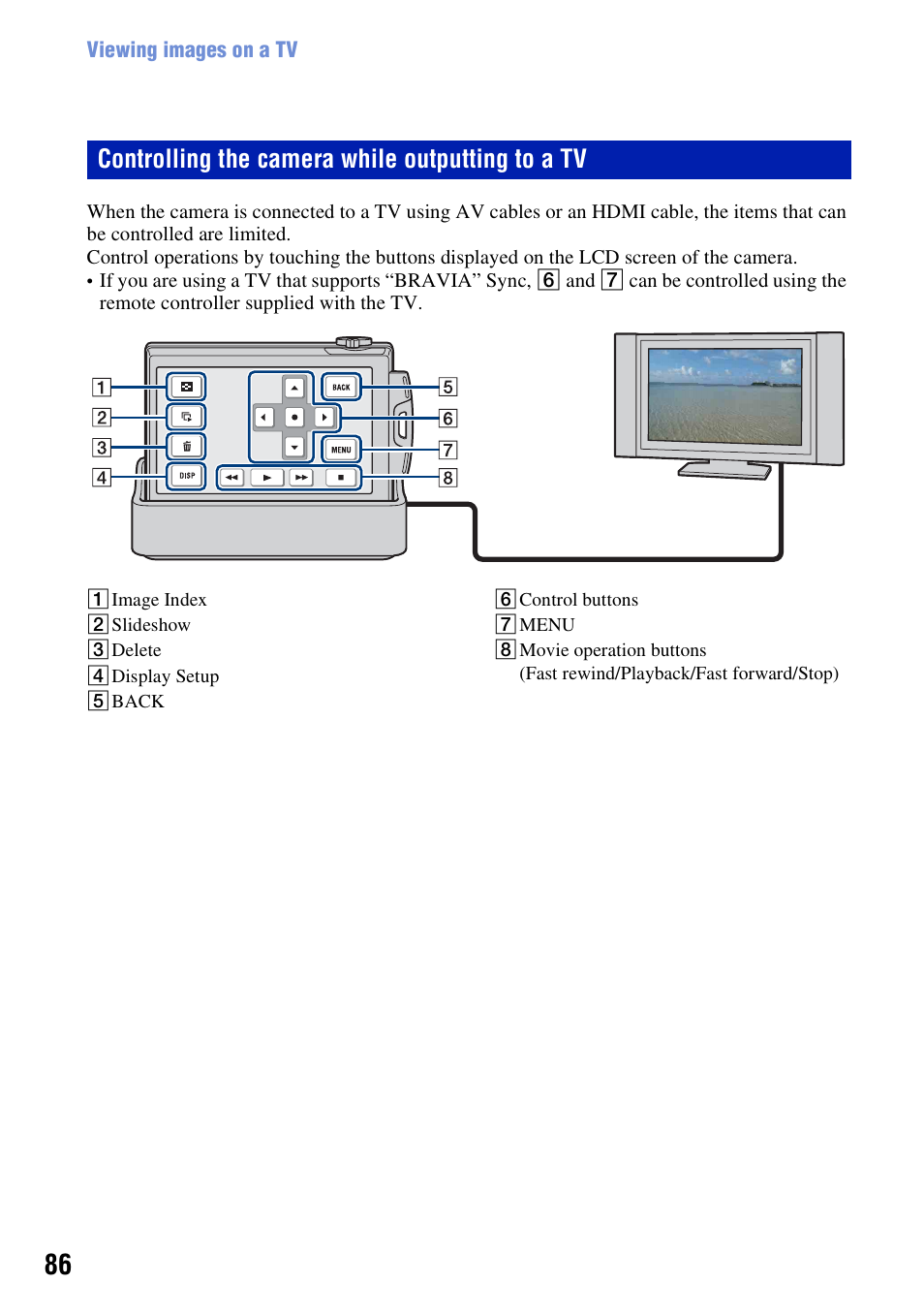 Controlling the camera while outputting to a tv | Sony DSC-T500 User Manual | Page 86 / 135