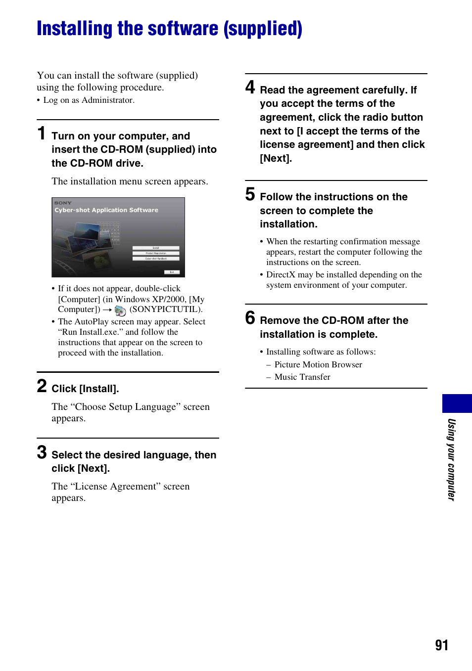 Installing the software (supplied) | Sony DSC-T500 User Manual | Page 91 / 135