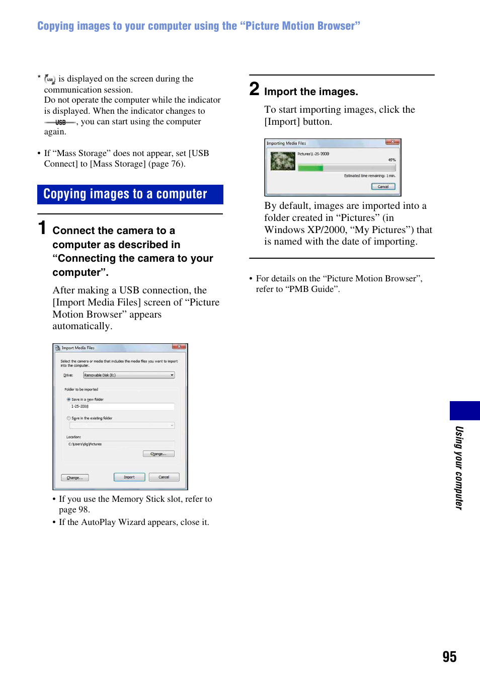 Copying images to a computer | Sony DSC-T500 User Manual | Page 95 / 135