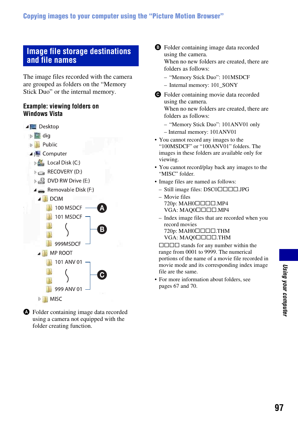 Image file storage destinations and file names | Sony DSC-T500 User Manual | Page 97 / 135