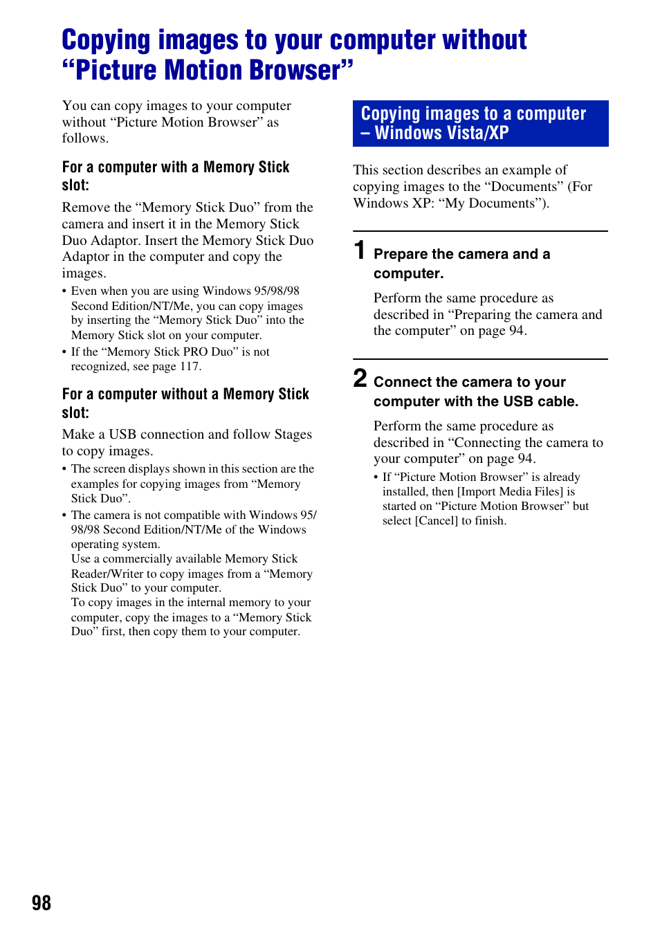 Copying images to a computer – windows vista/xp | Sony DSC-T500 User Manual | Page 98 / 135