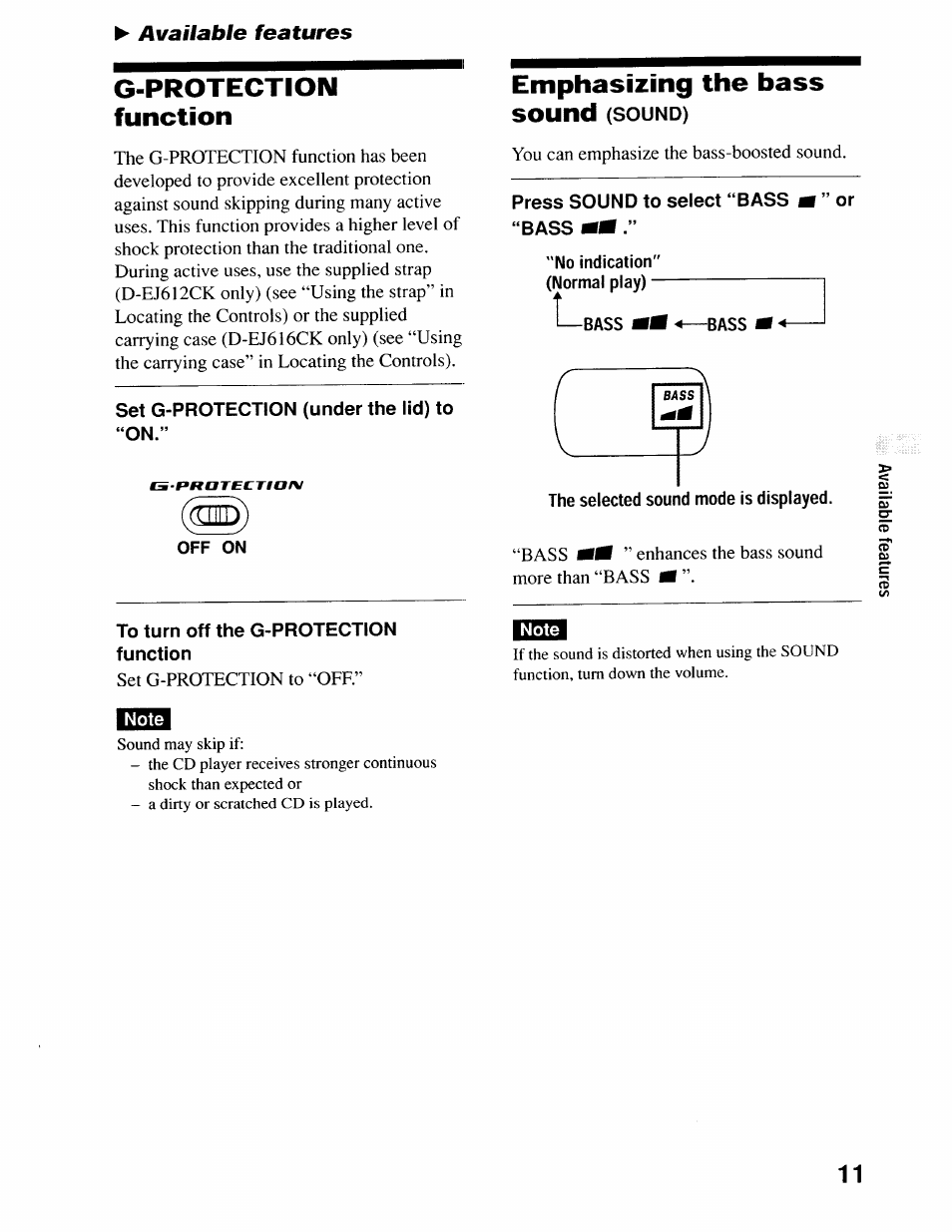 G-protectioim, Function, Emphasizing the bass sound (sound) | Press sound to select “bass m ” or “bass mm, No indication' (normal play), To turn off the g-protection function, The selected sound mode is displayed, Note, Bass th-r»natectiaim, G-protectioim function | Sony D-EJ616CK User Manual | Page 11 / 24