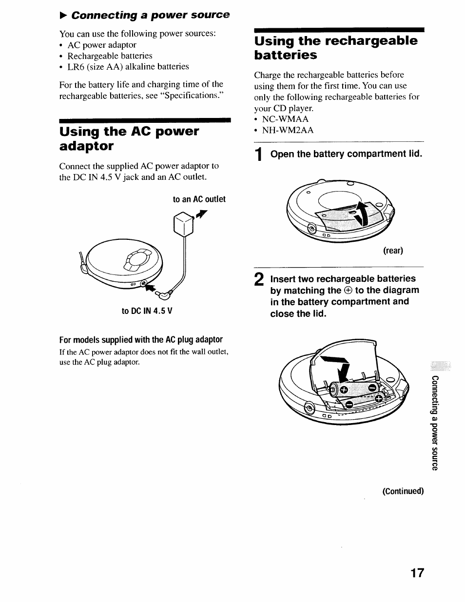 Using the ac power adaptor, To an ac outlet, Using the rechargeable batteries | Continued) | Sony D-EJ616CK User Manual | Page 17 / 24