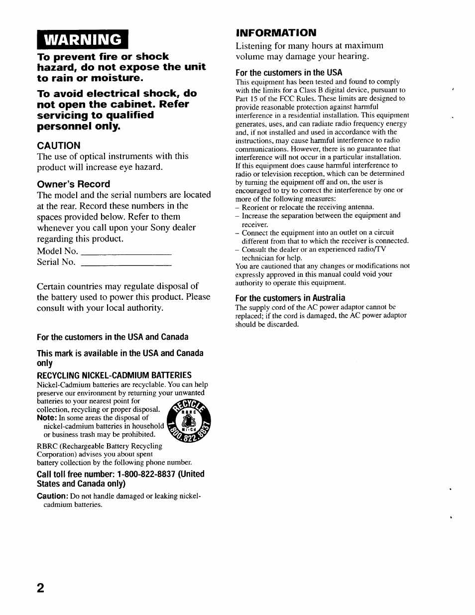 Warning, Caution, Owner’s record | For the customers in the usa and canada, This mark is available in the usa and canada only, Recycling nickel-cadmium baheries, For the customers in the usa, For the customers in australia, Limformation | Sony D-EJ616CK User Manual | Page 2 / 24