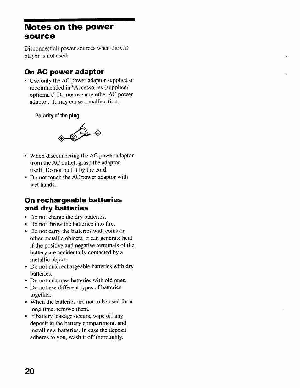 Notes on the power source, On ac power adaptor, Polarity of the plug | On rechargeable batteries and dry batteries | Sony D-EJ616CK User Manual | Page 20 / 24