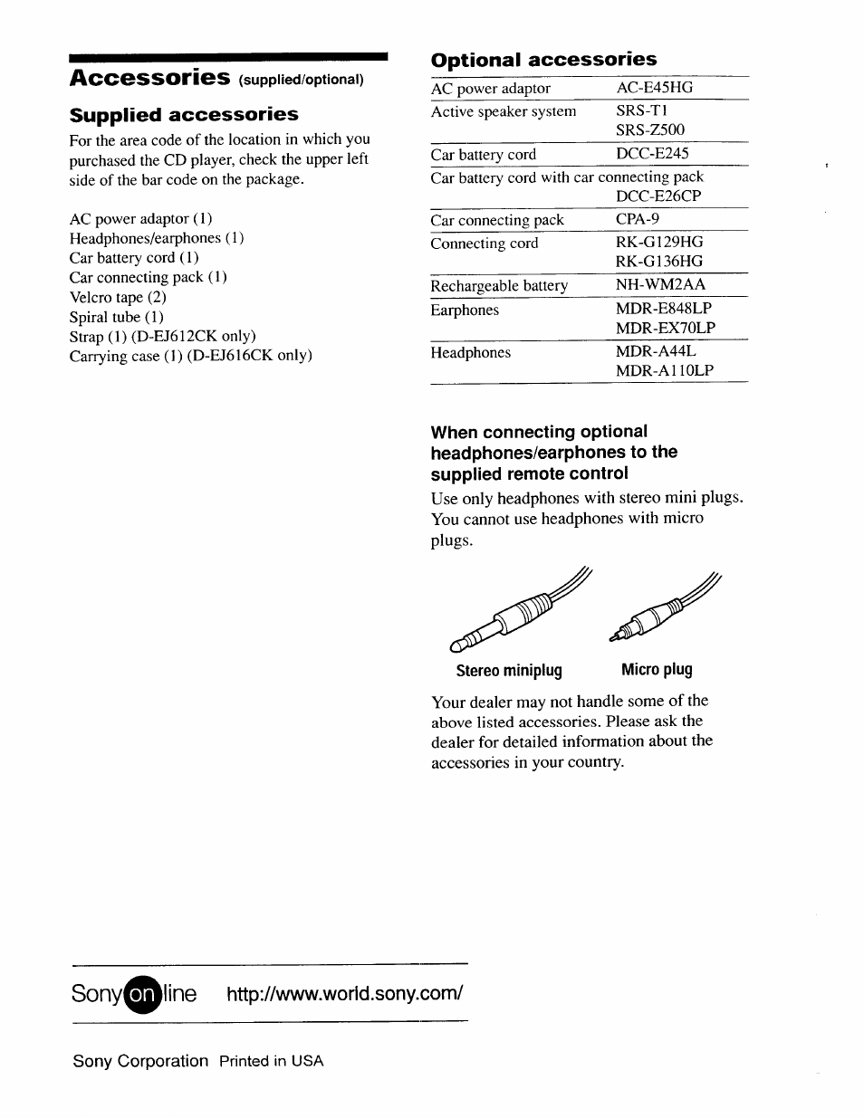 Optional accessories, Micro plug, Sony corporation printed in usa | Accessories | Sony D-EJ616CK User Manual | Page 24 / 24