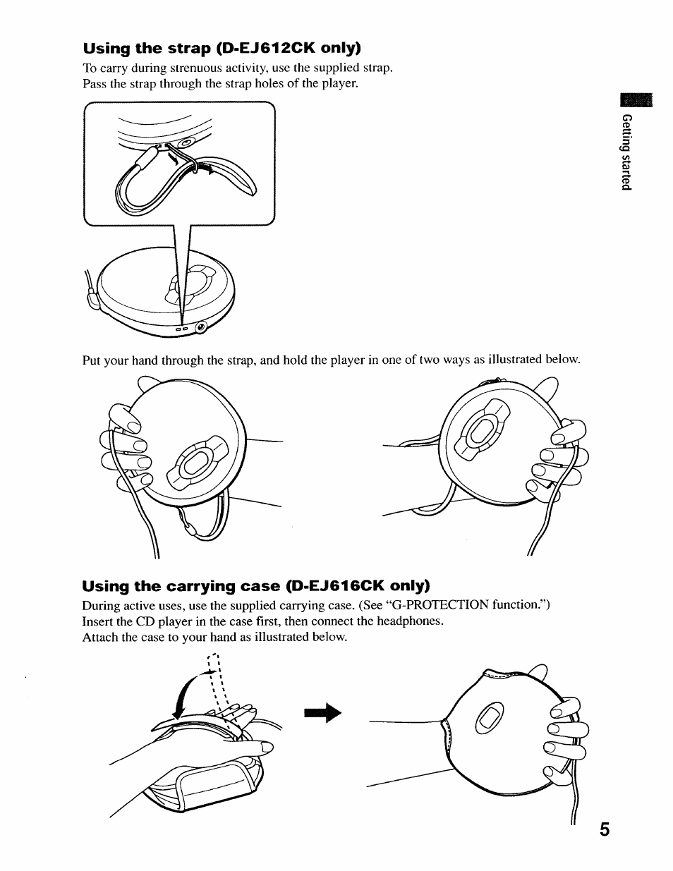 Using the strap (d-ej612ck only), Using the carrying case (d-ej616ck only) | Sony D-EJ616CK User Manual | Page 5 / 24