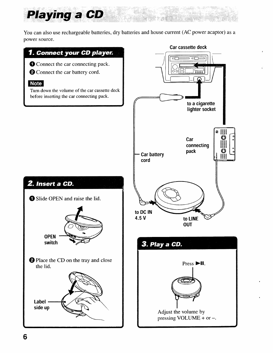 Playing a cd, Car cassette deck, Note | Sony D-EJ616CK User Manual | Page 6 / 24