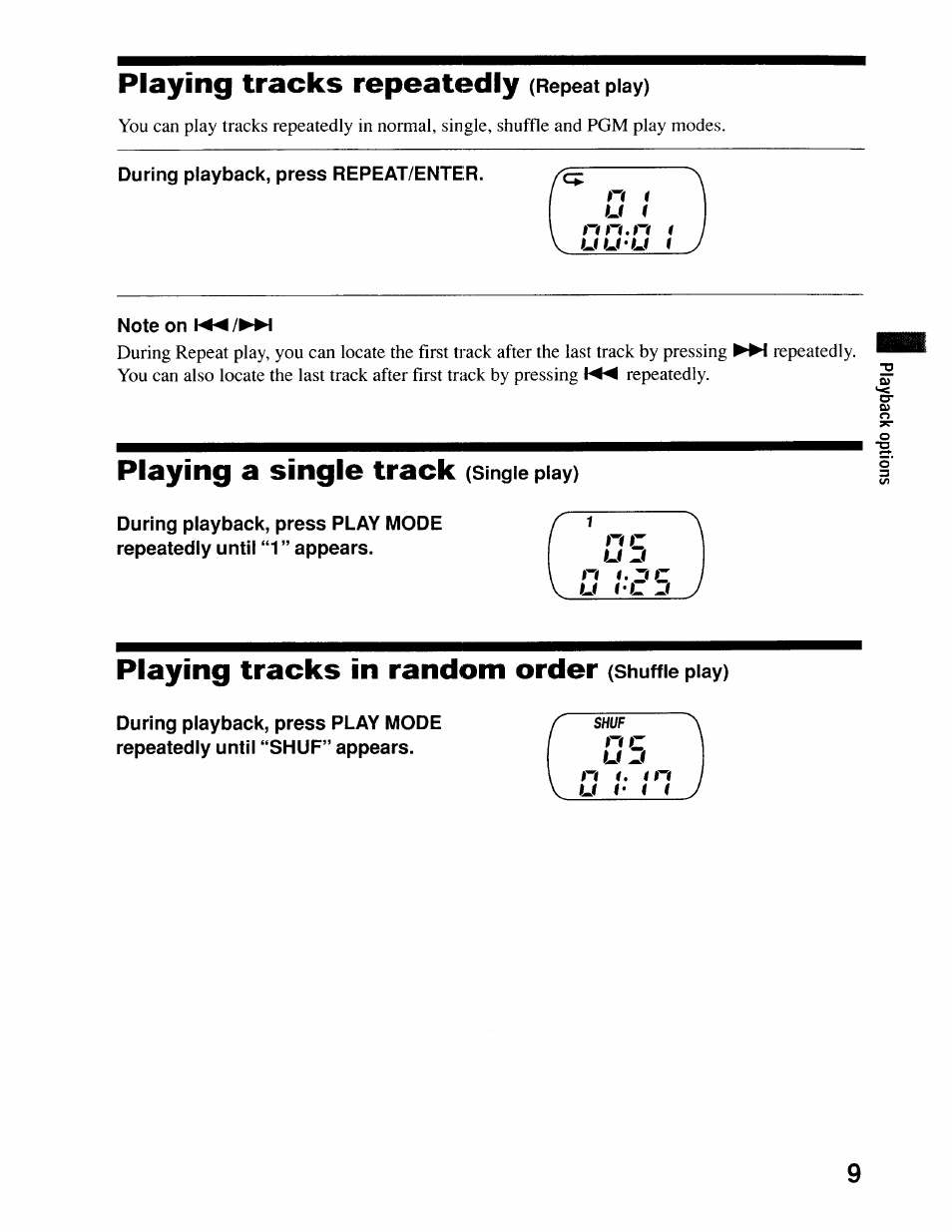 Playing tracks repeatedly (repeat piay), Playing a single track (single play), Playing tracks in random order (shuttle piay) | Playing tracks repeatedly (repeat play), Playing tracks repeatedly, Playing a single track, Playing tracks in random order | Sony D-EJ616CK User Manual | Page 9 / 24