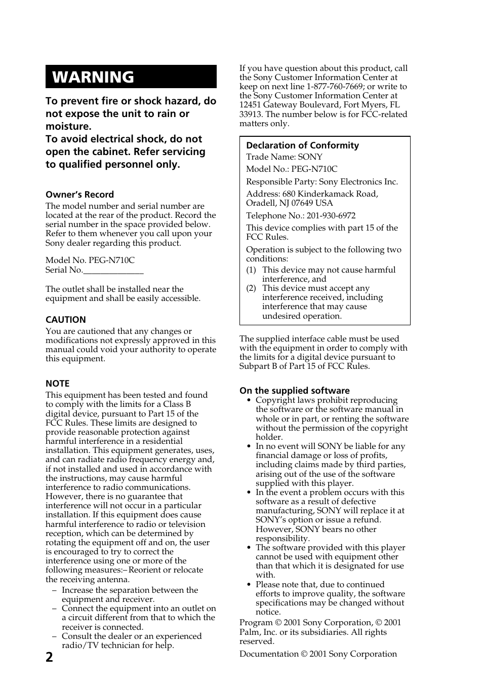 Warning | Sony PEG-N710C User Manual | Page 2 / 104