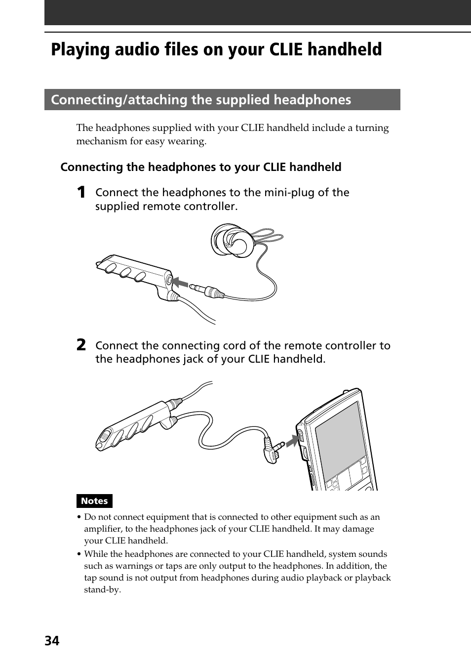 Playing audio files on your clie handheld, Connecting/attaching the supplied headphones | Sony PEG-N710C User Manual | Page 34 / 104