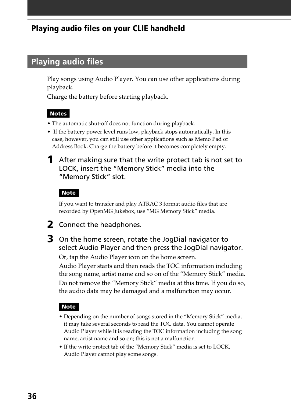 Playing audio files | Sony PEG-N710C User Manual | Page 36 / 104
