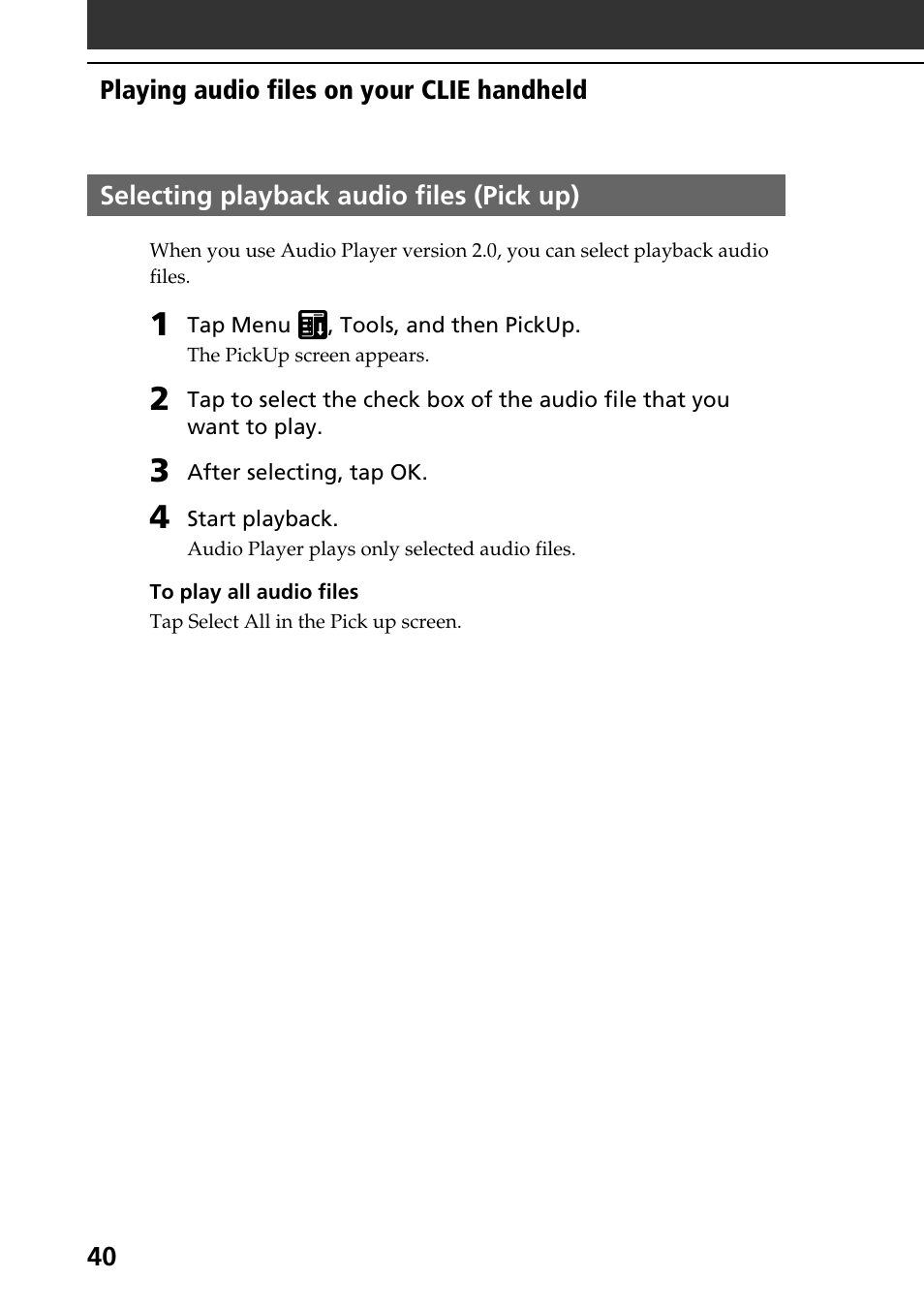 Selecting playback audio files (pick up) | Sony PEG-N710C User Manual | Page 40 / 104