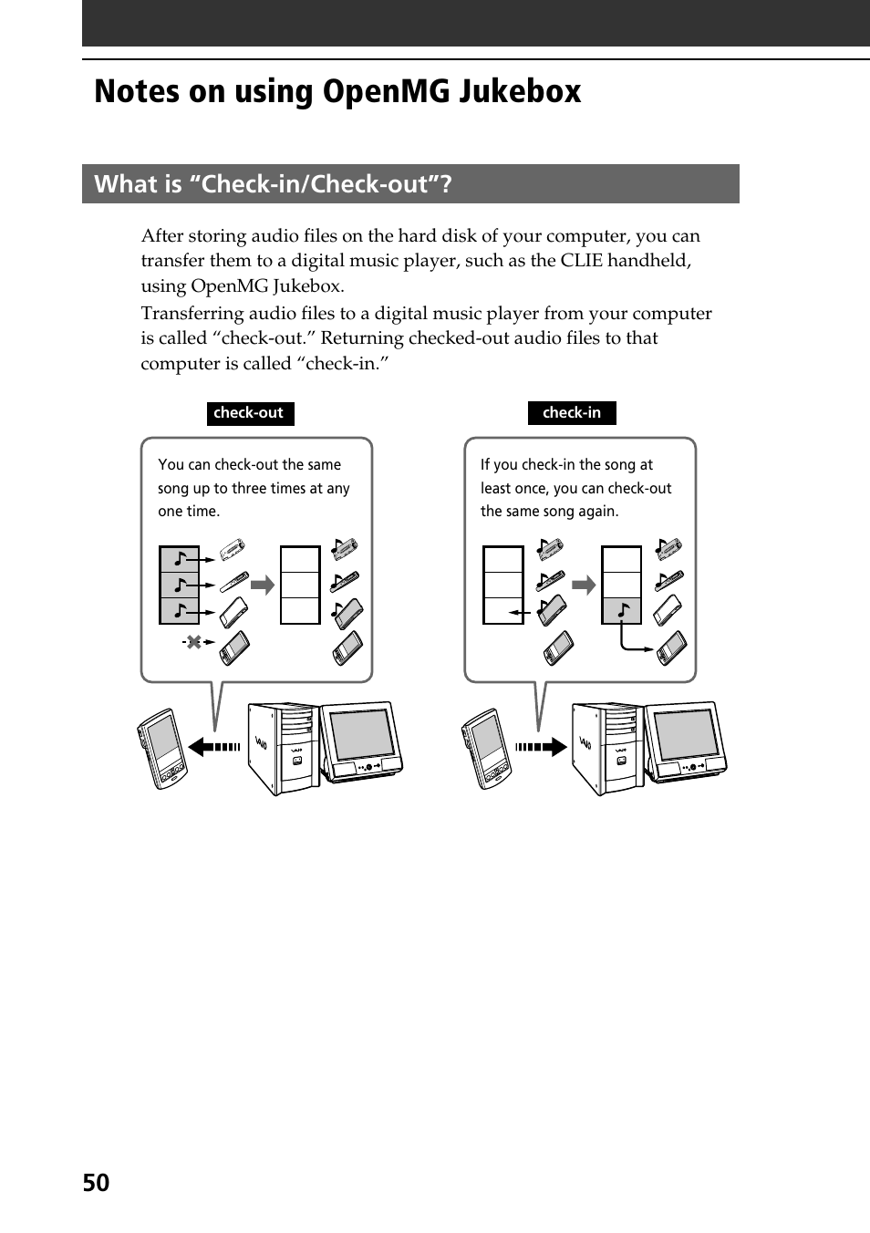 Notes on using openmg jukebox, What is “check-in/check-out, 50 what is “check-in/check-out | Sony PEG-N710C User Manual | Page 50 / 104
