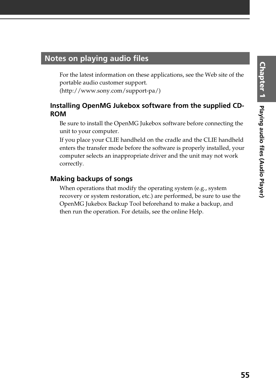 Notes on playing audio files | Sony PEG-N710C User Manual | Page 55 / 104