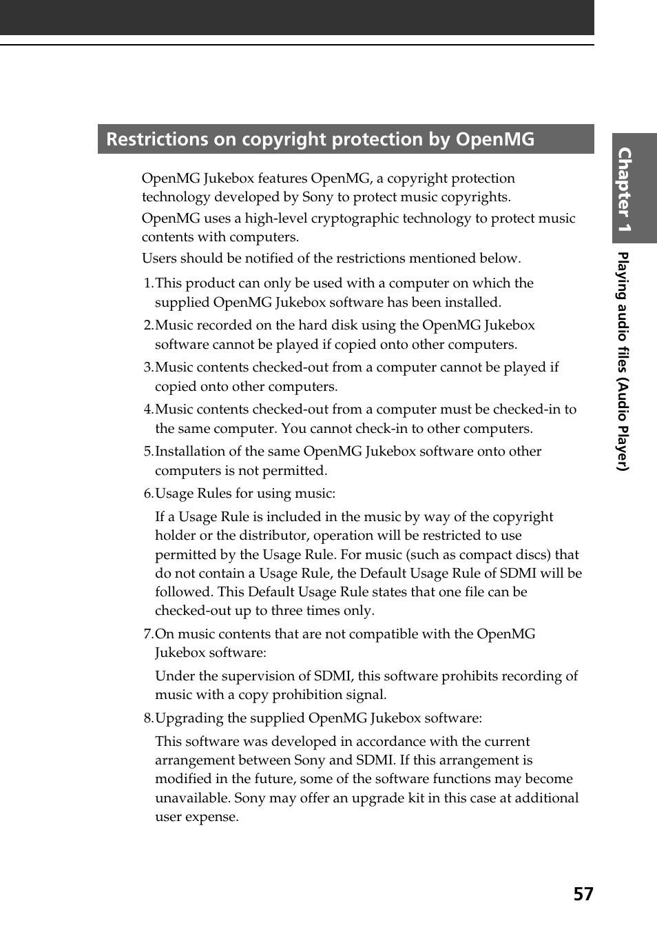 Restrictions on copyright protection by openmg | Sony PEG-N710C User Manual | Page 57 / 104