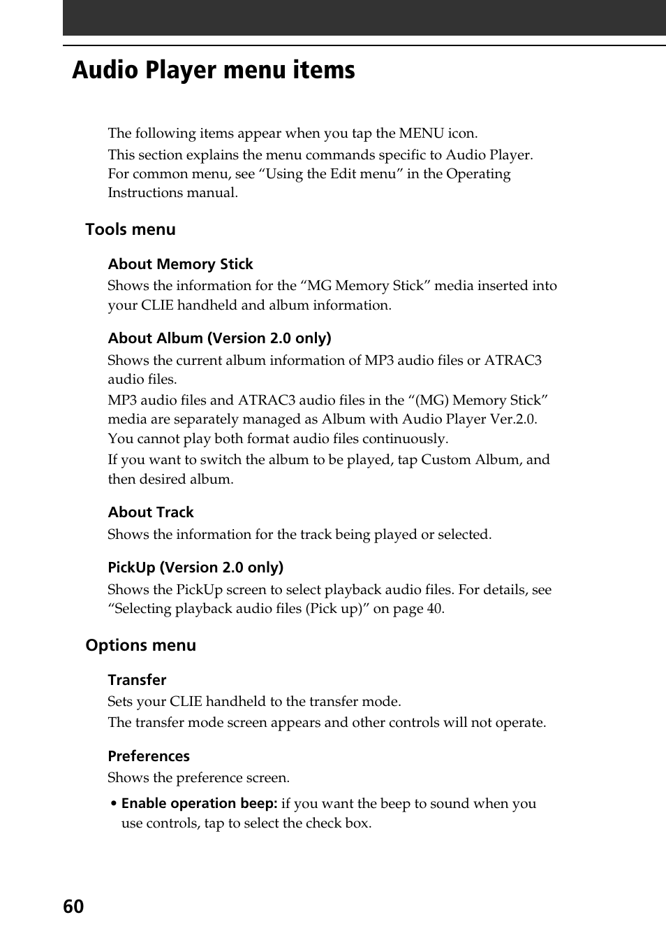 Audio player menu items | Sony PEG-N710C User Manual | Page 60 / 104