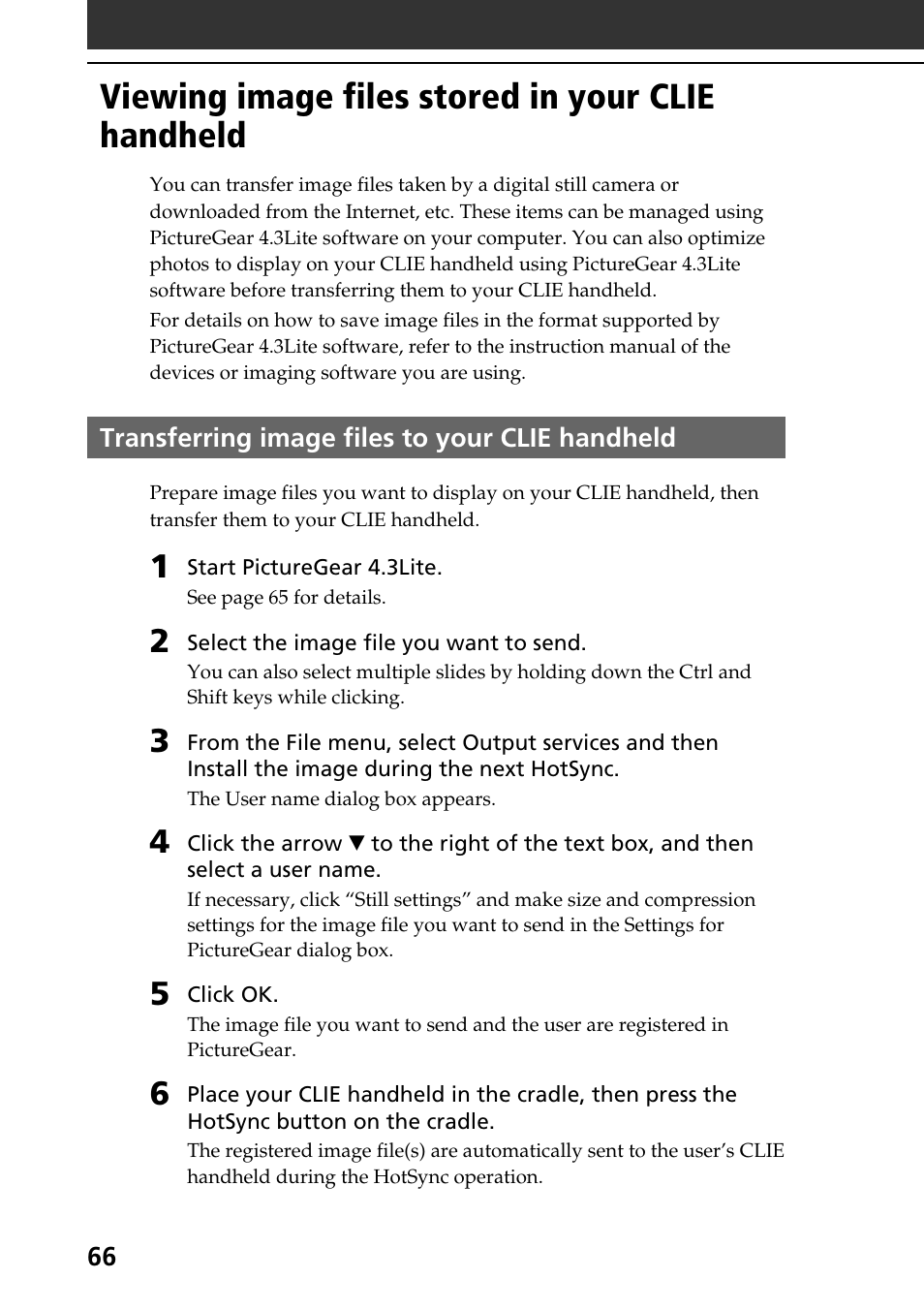 Viewing image files stored in your clie handheld, Transferring image files to your clie handheld | Sony PEG-N710C User Manual | Page 66 / 104