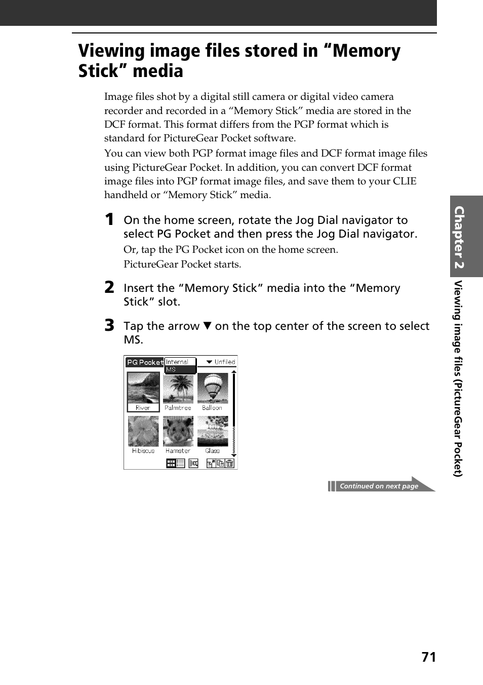 Viewing image files stored in “memory stick” media | Sony PEG-N710C User Manual | Page 71 / 104