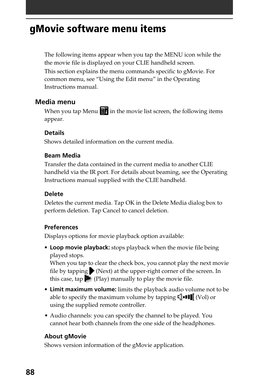 Gmovie software menu items | Sony PEG-N710C User Manual | Page 88 / 104