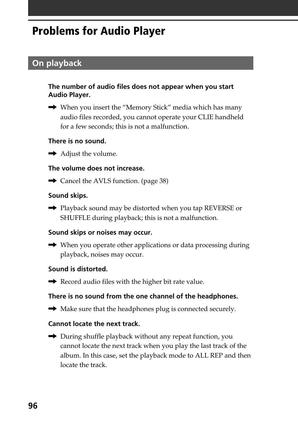 Problems for audio player, On playback | Sony PEG-N710C User Manual | Page 96 / 104