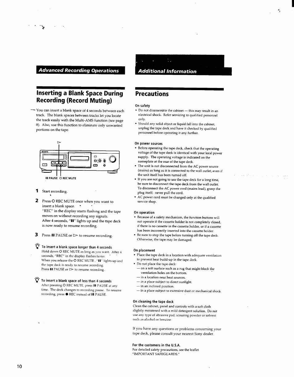 Precautions | Sony TC-KE400S User Manual | Page 10 / 15