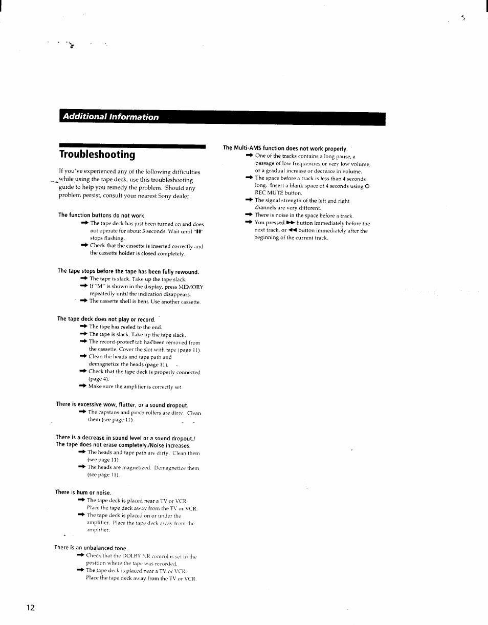 Troubleshooting, Additional information troubleshooting | Sony TC-KE400S User Manual | Page 12 / 15