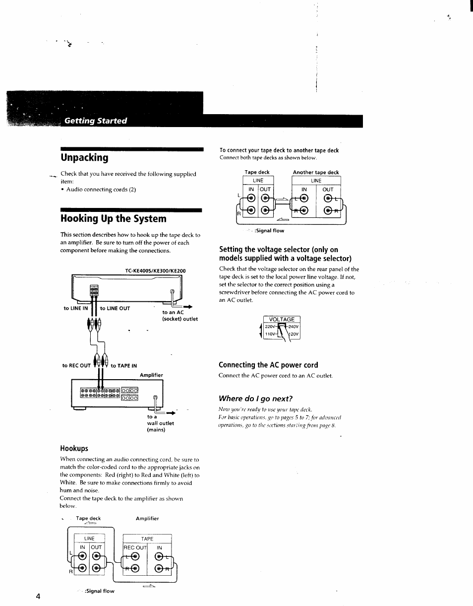 Hooking up the system, Unpacking, I 220v-t^2 | Sony TC-KE400S User Manual | Page 4 / 15