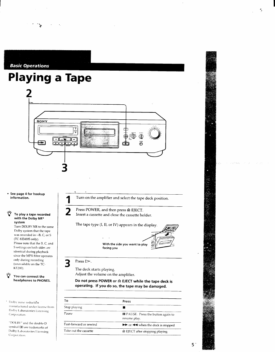 Playing a tape | Sony TC-KE400S User Manual | Page 5 / 15